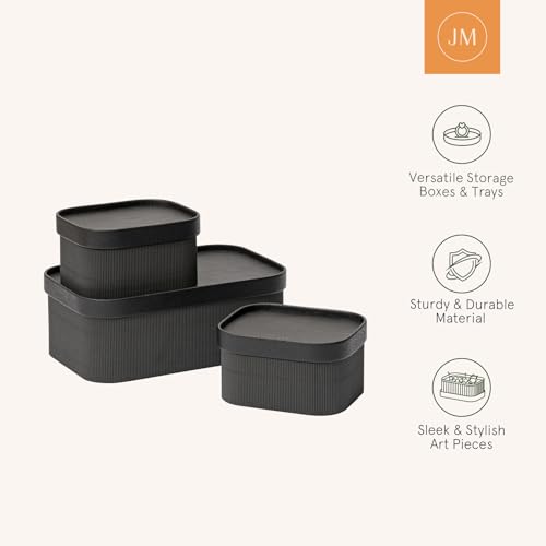 LA JOLIE MUSE Fluted Cardboard Storage Baskets with Leather-Like Lids, Paper Boxes Decorative Tray, Modern Basket Organizer Bins for Jewelry Shelve Bathroom Bedroom Organizing,Black, Set of 3 - color: Black