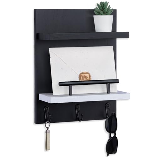 Key Holder Wall Mount, Key Holder With 2 Display Shelf, 3 Hooks for Key, Coat, Dog Leash, Key Hanger with Hook for Mail, Potted Plant, Farmhouse Mail Holder, Entry Way Organizer (Black & White) - color: Black & White