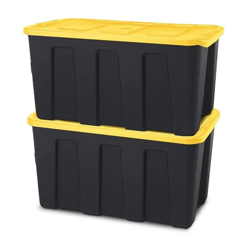 HOMZ 2-Pack Durabilt Tote, Heavy Duty Plastic Storage Bins with Lids, 34 Gallon, Black/Yellow - Stackable Organizing Containers for Home, Garage, and Office - color: Black Base/Yellow Lid, size: 34 Gallon (Pack of 2)