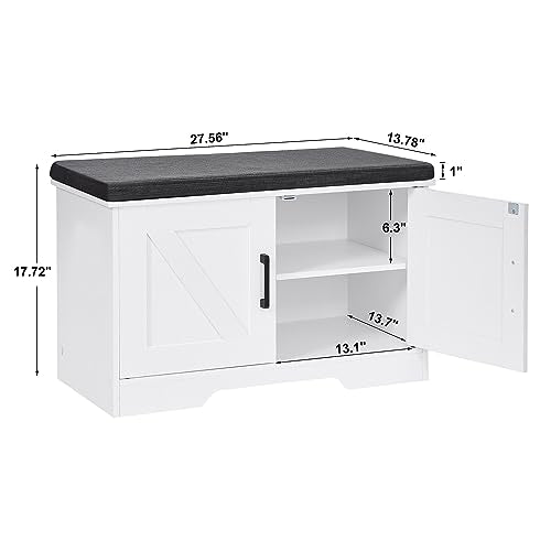HOMSHO 2-Tier Storage Bench, 27.6" Wide Shoe Bench with Padded Seat Cushion, Entryway Bench with 2 Barn Doors and Adjustable Shelf, White - color: White, size: 27.6" Wide