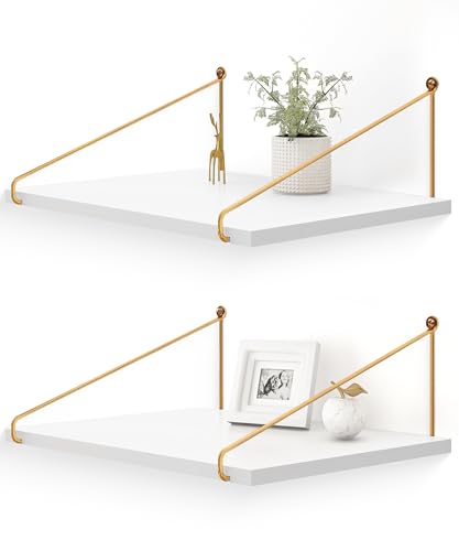 Afuly 12 Inch Deep Floating Shelves for Wall, Gold White Wall Mounted Shelves, Hanging Storage Shelves for Bathroom Kitchen Bedroom, Solid Wood Chic Bookshelves, Set of 2 - color: White & Gold, size: 11.7"D x 16.5"W