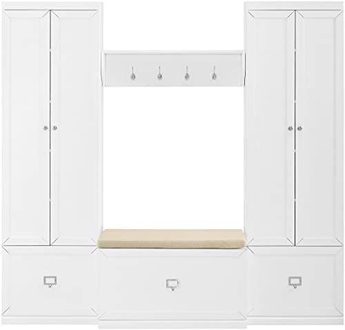 Crosley Furniture Harper 4-Piece Storage Cabinet, Shoe Rack Bench, and Wall Shelf Set with Coat Hooks, White