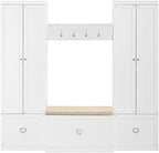 Crosley Furniture Harper 4-Piece Storage Cabinet, Shoe Rack Bench, and Wall Shelf Set with Coat Hooks, White