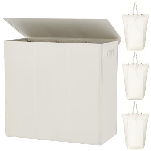 WOWLIVE 180L Laundry Hamper with Lid 3 Section,Large Laundry Basket with Removable Bags and Handles,Collapsible Dirty Clothes Hampers for Laundry,Laundry Basket Organizer for Laundry Room,Dorm,Beige - color: Beige, size: 180L (31.5"L x 12.5"W x 28"H)