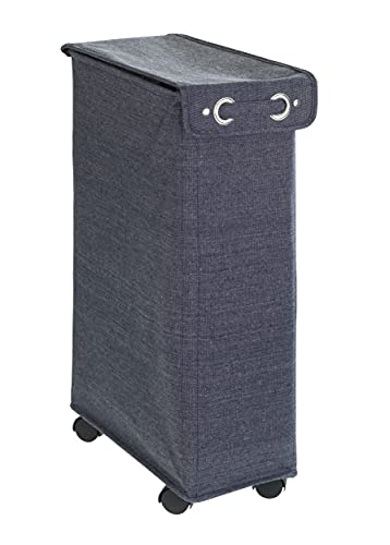 WENKO Slim Laundry Basket with Wheels, Thin Laundry Hamper, Rolling Laundry Bin with Lid, Space Saving Narrow Laundry Hamper for dirty Clothes Storage, 23.6 x 15.8 x 7.3 in, Blue - color: Blue Denim