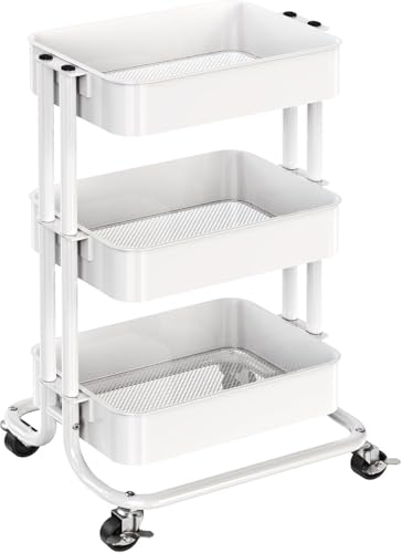 Pipishell 3 Tier Metal Rolling Utility Cart, Heavy-Duty Storage Rolling Cart with 2 Lockable Wheels, Multifunctional Mesh Organization Utility Cart for Kitchen Dining Room Living Room (White) - color: White, size: 3 Tier