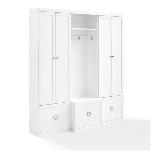 BOWERY HILL 3-Piece Modern Wood Entryway Set, 74 in H x 66 in W x 16.38 in D, MDF and Birch Veneer, White Finish, Includes Hall Tree with Hooks and 2 Pantry Closets, Modular Storage for Home