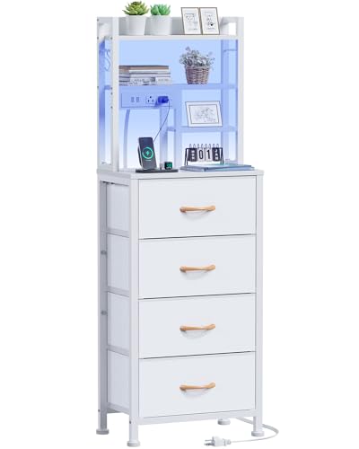 Furnulem Tall Night Stand, 52.1 Inch LED Nightstand with Charging Station and USB Ports, 4 PVC Fabric Drawers and 4 Tier Storage Shelf, Bedside Table for Bedroom, Dorm, Office (White) - color: White, size: 4 Drawer