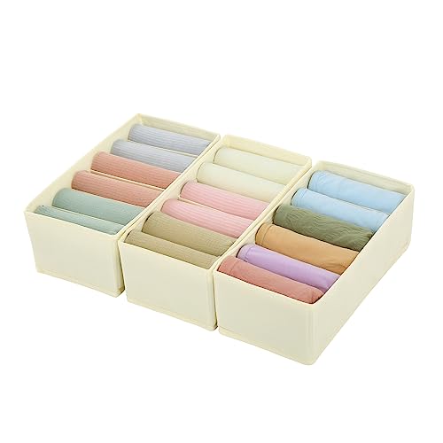 Qozary 3 Pack Sock Underwear Drawer Organizer Dividers, Non-Woven Fabric Collapsible Cabinet Closet Storage Boxes for Clothes, Socks, Lingerie, Underwear, Tie, Belt, Baby, Bedroom (Beige, 6 Cells) - color: Beige, size: 6 Cells