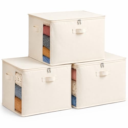 3-Pack Large Canvas Comforter Storage Bags for Clothes Sweater Clothes Organizer with Dual Zipper Three Carrying Handles for Blanket Closet Storage Container - color: Natural color, style: 3 Pack