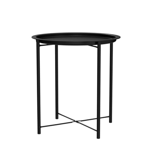 VECELO Side/End Table, Folding Round Metal Anti-Rust and Waterproof Outdoor or Indoor Tray for Living Room Bedroom Balcony and Office, 2 PCS, Black - color: Black, size: 2 PCS