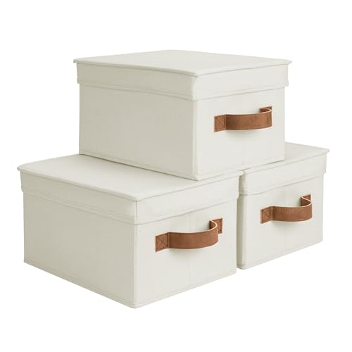 StorageWorks Storage Bins with Lids, Decorative Storage Boxes with Lid and PU Handles, Foldable Storage Baskets for Closet, Shelves, Stackable, Ivory, Medium, 3-Pack - color: Ivory, size: Medium