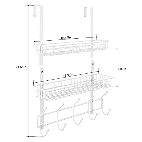 Over The Door Hanger Organizer with 2 Mesh Baskets & 5 Towel Hooks, Detachable Behind The Door Storage Towel Rack for Coats, Hats, Handbags, Easy Install Metal Hanging Hook Coat Rack Shelf, White - color: White