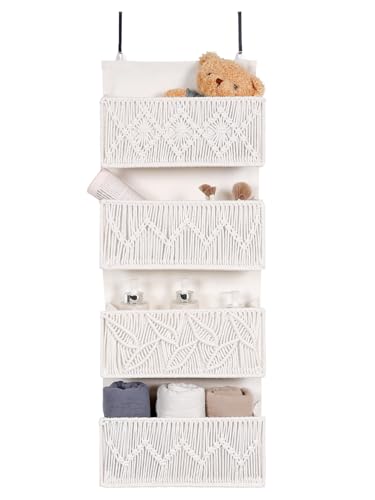 Macrame Over the Door Organizer Boho Decor Nursery Storage, Leaf Weaving Closet Organizers and Storage，with 4 Hanging Pockets, Behind Door for Bathroom, Bedroom - color: Beige