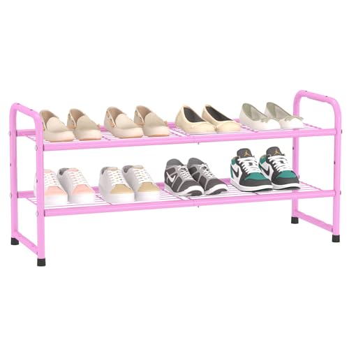 SUFAUY 2 Tier 33" Wide Shoe Rack, Closet Metal Wire, Stackable, Pink - color: Pink, size: 2 Tier