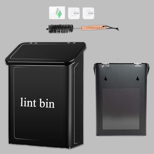 Magnetic Lint Bin with Lint Brush, two white hooks, one black back hook & all accessories for Laundry Room decor, Wall-Mounted Lint Bin with Lid, Powder Coated, Space-Saving Trash Can (Black) - color: Black