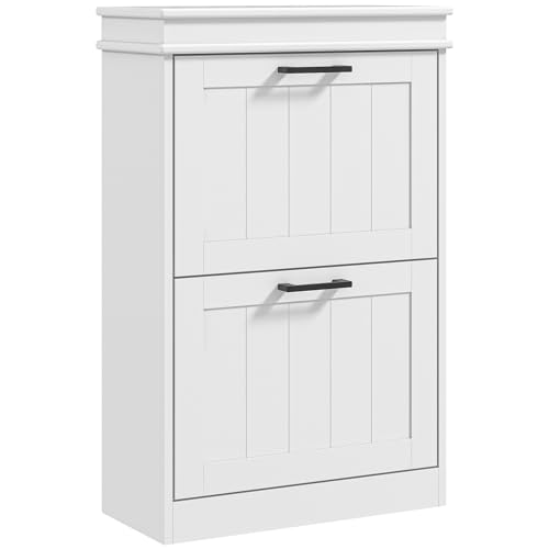 HOMCOM Narrow Shoe Cabinet with 2 Flip Drawers, Modern Freestanding Shoe Storage Cabinet with Adjustable Shelves for Entryway, Hallway, White - color: White