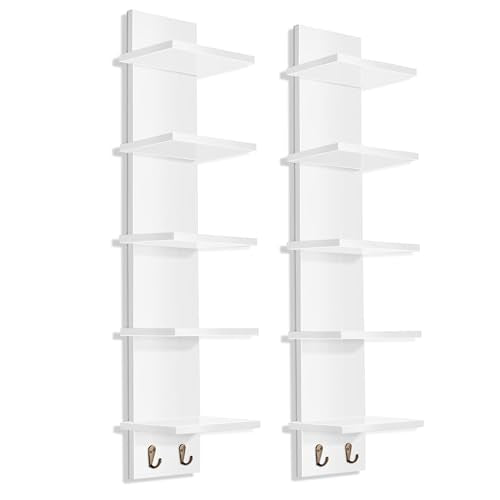 Sorbus 5 Tier Wall Shelf Unit with Hooks, Vertical Column Utility Shelving for Home Decor and Storage Organizer, Wall-Mounted Floating Shelves for Bathroom Storage, Bedroom (2 Pack) - color: White, size: 2 Pack