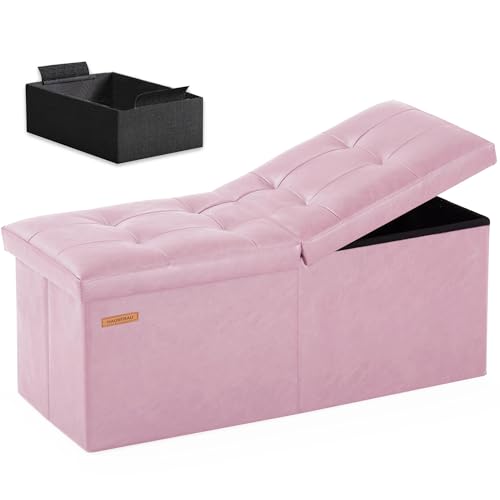 HAUSFRAU 31.5 Inches Ottoman with Storage Bench, Folding Ottoman Bench Small Foot Rest Stool, Bedroom Bench with Flipping Lid, Faux Leather Pink - color: Pink, size: 13"D x 31.5"W x 13"H