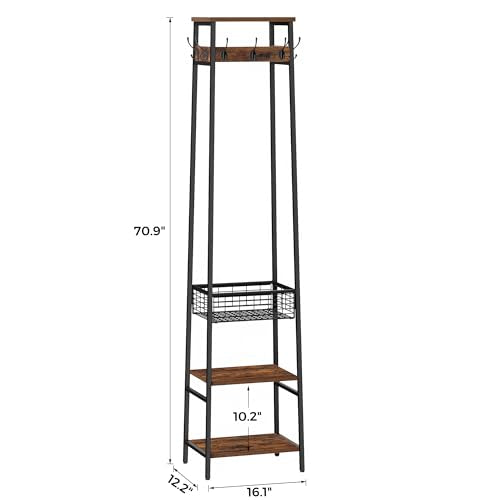 Coat Rack Freestanding, Coat Stand with Metal Basket and Storage Shelves, Hall Tree Free Standing With and 7 Hooks, Clothes Rack Stand Organizer, Rustic Brown and Black - color: Rustic Brown and Black, style: 2 Shelves + 1 Basket