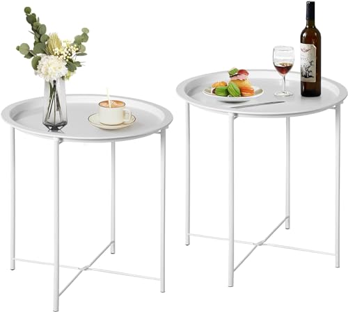VECELO Side/End Table, Folding Round Metal Anti-Rust and Waterproof Outdoor or Indoor Tray for Living Room Bedroom Balcony and Office, 2 PCS, Beige - color: Beige, size: 2 PCS