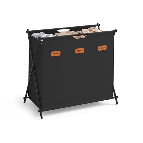 SONGMICS Laundry Hamper, Laundry Basket, 35.7 Gal. Laundry Sorter 3 Sections, Collapsible X-Frame, Clothes Organizer with Customizable Labels, Laundry Room, Bedroom, Bathroom, Ink Black ULCB130B01 - color: Ink Black, size: 135 L