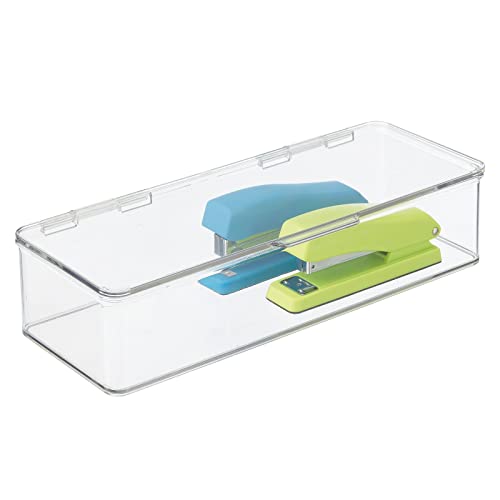 mDesign Office Supplies Desk Organizer Box with Lid for Staplers, Scissors, Pens, Sticky Notes, Highlighters, Tape - 3" Tall, Long, Clear - size: 5.75 x 13.4 x 3 (Pack of 1)