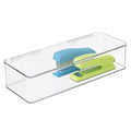 mDesign Office Supplies Desk Organizer Box with Lid for Staplers, Scissors, Pens, Sticky Notes, Highlighters, Tape - 3" Tall, Long, Clear - size: 5.75 x 13.4 x 3 (Pack of 1)