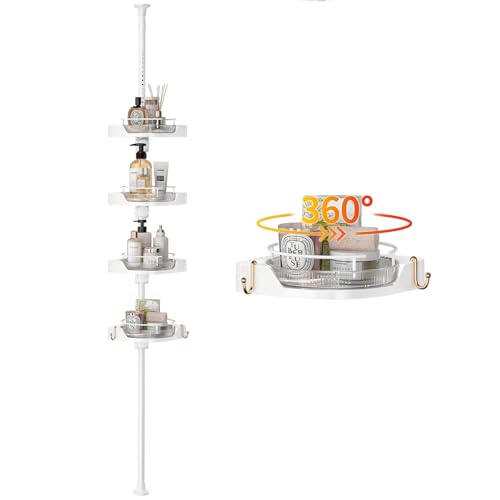 akinbas Shower Caddy Tension Pole with 4 L-Lazy Susan Organizer 360 Rotating 35-128 Inch No Drilling Floor Standing Shelves Adjustable Shower Rack for Bathroom Corner (White) - color: White, size: 4 Tier-Rotation
