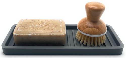 Happitasa Silicone Sink and Surface Organizer Tray, Sponge Holder, Vanity Tray, Trivet, Heat Safe, Dishwasher Safe, for Bathroom and Kitchen Organization (Grey, 9"x3.5") - color: Gray, size: 9" x 3.5" x 0.6"