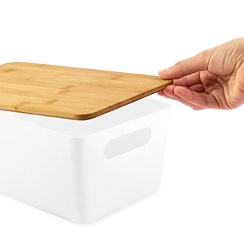 Isaac Jacobs 2-Pack Medium White Storage Bin Set w/Cut-Out Handles and Bamboo Lid, Plastic Organizers for Home, Pantry, Kitchen, Closet, Office, Home Décor, BPA Free, Food Safe (Medium, White) - color: White, size: Medium