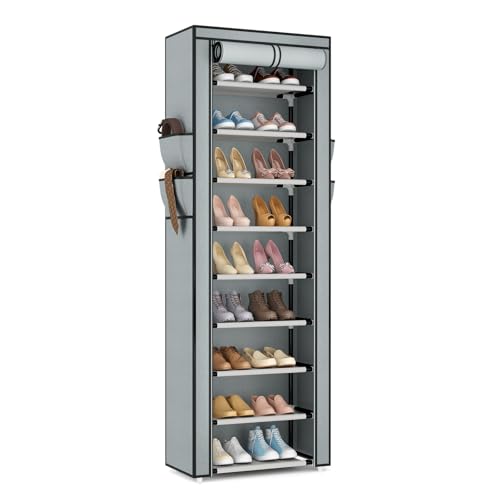 VILICK Shoe Rack with Cover Narrow Shoe Rack Organizer with 4 Side Pockets 10 Tier Tall Shoe Storage Shoe Shelf Holds 18-22 Pairs Shoes and Boots Shoe Rack for Closet, Grey - color: Grey, size: 10 Tiers-17.7" Wide