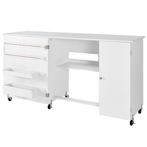VEVOR Folding Sewing Table, Multipurpose Sewing Machine Table with Cabinet, Compact Design, Wheels, Wooden Pegs, Storage Trays and Shelf, Magnetic Door, Craft Station and Side Desk for Home, White - size: White w/ Cabinet