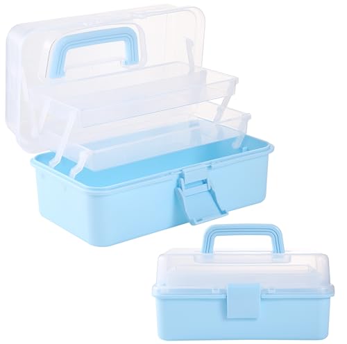 11(in) Versatile Three-Layer Folding Organizer Box,Ideal for Art & Crafts,Toys,Sewing Supplies,Jewelry and Tools,Storage with Dual Trays,Elegant Blue - color: Blue