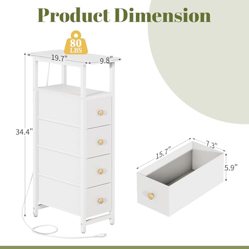 Yoobure LED Narrow Nightstand with Charging Station - Slim Dresser for Bedroom Narrow Side Table Storage Cabinet, Small Dressers Chest of Drawers, Tall Night Stand End Table for Small Spaces, White - color: White