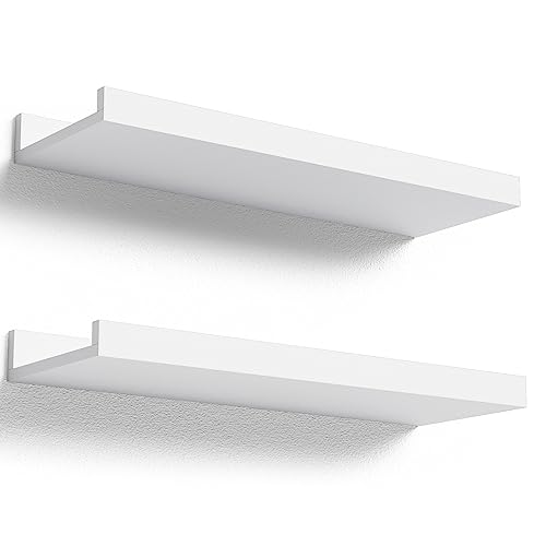 Boswillon Floating Shelves Wall Mounted Set of 2, Modern White Shelves for Bedroom, Nursery Shelves with Lip, Display Picture Ledge Shelf for Wall Decor Living Room Bathroom Kitchen - White - color: White, size: 15.7 In
