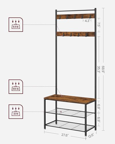 VASAGLE Coat Rack, Hall Tree with Shoe Storage Bench, Entryway Bench with Shoe Storage, 3-in-1, Steel Frame, for Entryway, 12.6 x 27.6 x 68.9 Inches, Industrial, Rustic Brown and Black UHSR41BX - color: Rustic Brown + Black, size: 27.6"W