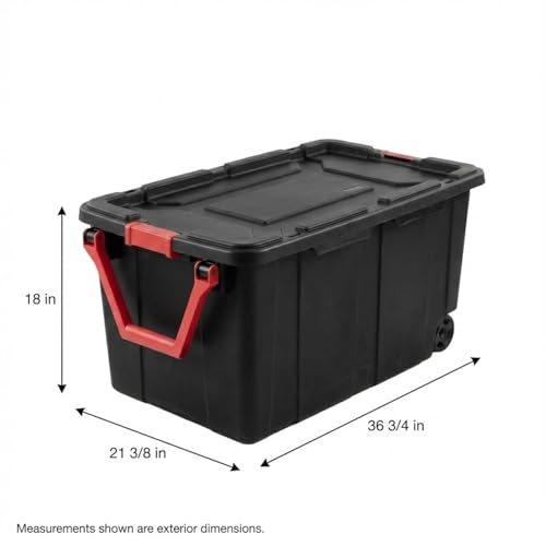 40 Gallon Wheeled Storage Tote with Lid – Heavy Duty Rolling Storage Bin with Ergonomic Handle & Secure Latches – Large Plastic Stackable Container for Garage Basement Workshop (Black) - size: Black
