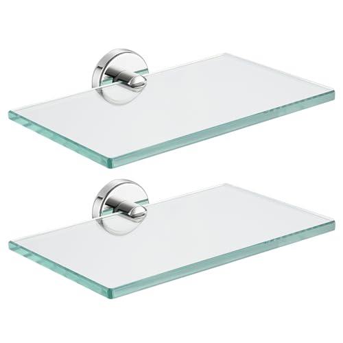 JQK Bathroom Glass Shelf Chrome, Tempered Glass Shower Storage 8 by 5 inches, 304 Stainless Steel Polished Chrome Wall Mount 2 Pack, TGS101L8-CH-P2 - color: Chrome, size: 8 Inch (2 Pack)