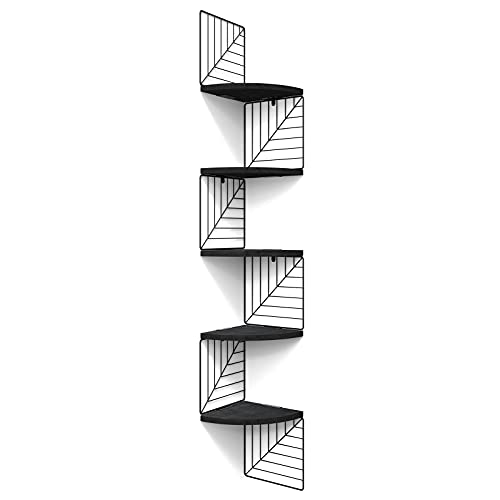 Love-KANKEI Corner Shelf Wall Mount of 5 Tier Rustic Wood Floating Shelves Wall Shelves for Bedroom Living Room Bathroom Kitchen Office and More Black - color: Black