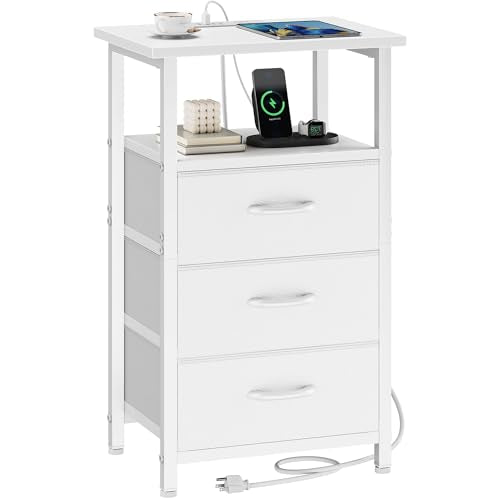 Vagusicc Nightstand with Charging Station, White Bedside Table with USB Ports and Outlet, End Table Side Table with 3 Fabric Drawers and Storage Shelf, Bed Side Table Night Stand for Bedroom, White - color: White, size: 1 Piece, style: Ordinary