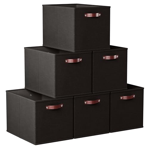 Ornavo Home 13 x 15 x 13 Kallax Storage Cube Bins, Foldable Collapsible Fabric Storage Bins Box Linen Shelf Basket Cube Organizer for Closet with Leather Handles, 6 Pack, Black - color: Black, size: Kallax - 13 x 15 x 13