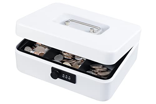 KYODOLED Large Cash Box with Combination Lock,Safe Metal Box for Money, Storage Lock Box with Money Tray,9.84"x 7.87"x 3.54" White Large - color: White, size: Large