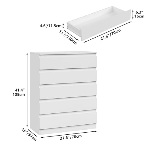 Furniouse Modern 5 Large Storage Drawers Dresser for Clothes Organizer, White Modern Chest of Drawers for Closet, 27.6" Long Drawer Organizer Cabinet for Bedroom, Living Room, Entryway, Hallway - size: 15"D x 27.6"W x 41.4"H (5 Drawers)