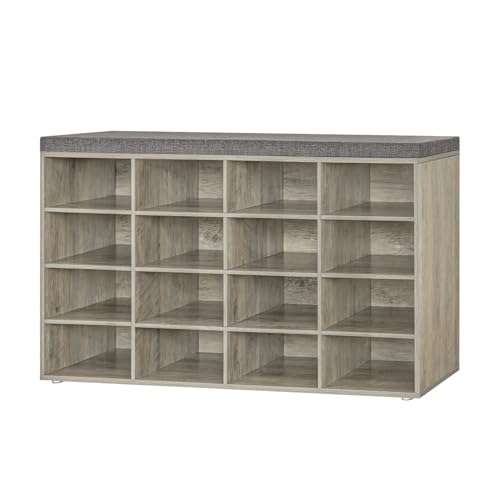 DINZI LVJ Shoe Storage Bench with Cushion, 16-Cubby Shoe Rack, Adjustable Shelves, Multifunctional Shoe Organizer Bench for Entryway, Mudroom, Hallway, Living Room, Bedroom and Garage, Gray Wash - color: Gray Wash, size: 16 Cubby