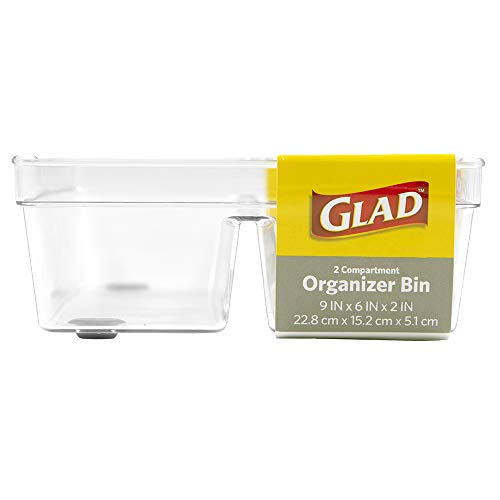 Glad Plastic Drawer Storage Tray – Heavy Duty Organizer Bin for Home, Kitchen, Bath, Bedroom, Office | Non-Slip Feet, 2-Compartment, Clear - size: 2-Compartment (Pack of 1)