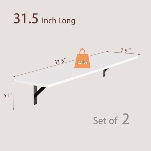 DINZI LVJ Long Wall Shelves, 31.5 x 7.9 x 6.1 Inches, Set of 2 White Floating Shelves, Easy-to-Install, Large Storage Ledges with Sturdy Metal Brackets for Living Room, Bathroom, Bedroom, Kitchen - color: White, size: 31.5 Inch