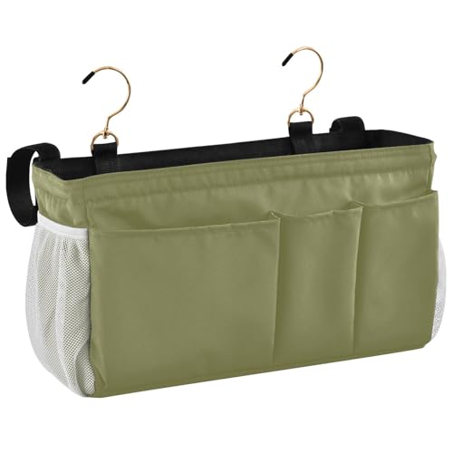 Olive Color Bedside Caddy Storage Bag Bedside Organizer for Dorm Room Top Bunk Bed Bedside Shelf Hanging Organizer 6 Pockets with Hooks for Glasses Book Tablet Holder - color: Olive Color