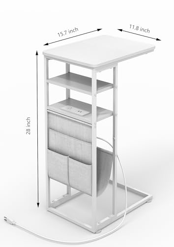 C Shaped End Table with Charging Station, 28"(H) 3-Tier C Table with Storage Bag, Under Couch Table C-Shaped End Table with Storage Shelves and Bag for Living Room, Bedroom, or Office - color: White, size: Wood--with Socket