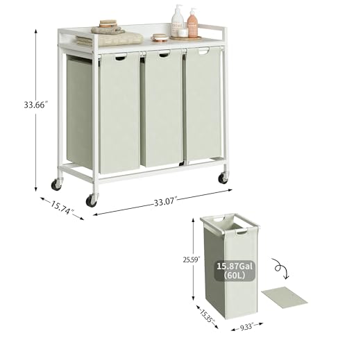 Herture Laundry Hamper with Shelf, Laundry Basket 3 Section, Laundry Sorter with Pull-Out Removable Large Bags and Movable Wheels, Metal Frame, 3 x 15.87 Gallons (60L), White PF04XLW - color: White, size: 3 Bags-180 L